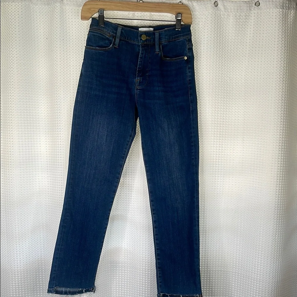 Frame Le High Straight Jeans Dublin Wash Raw Step Hem 5 Pocket Sz 26